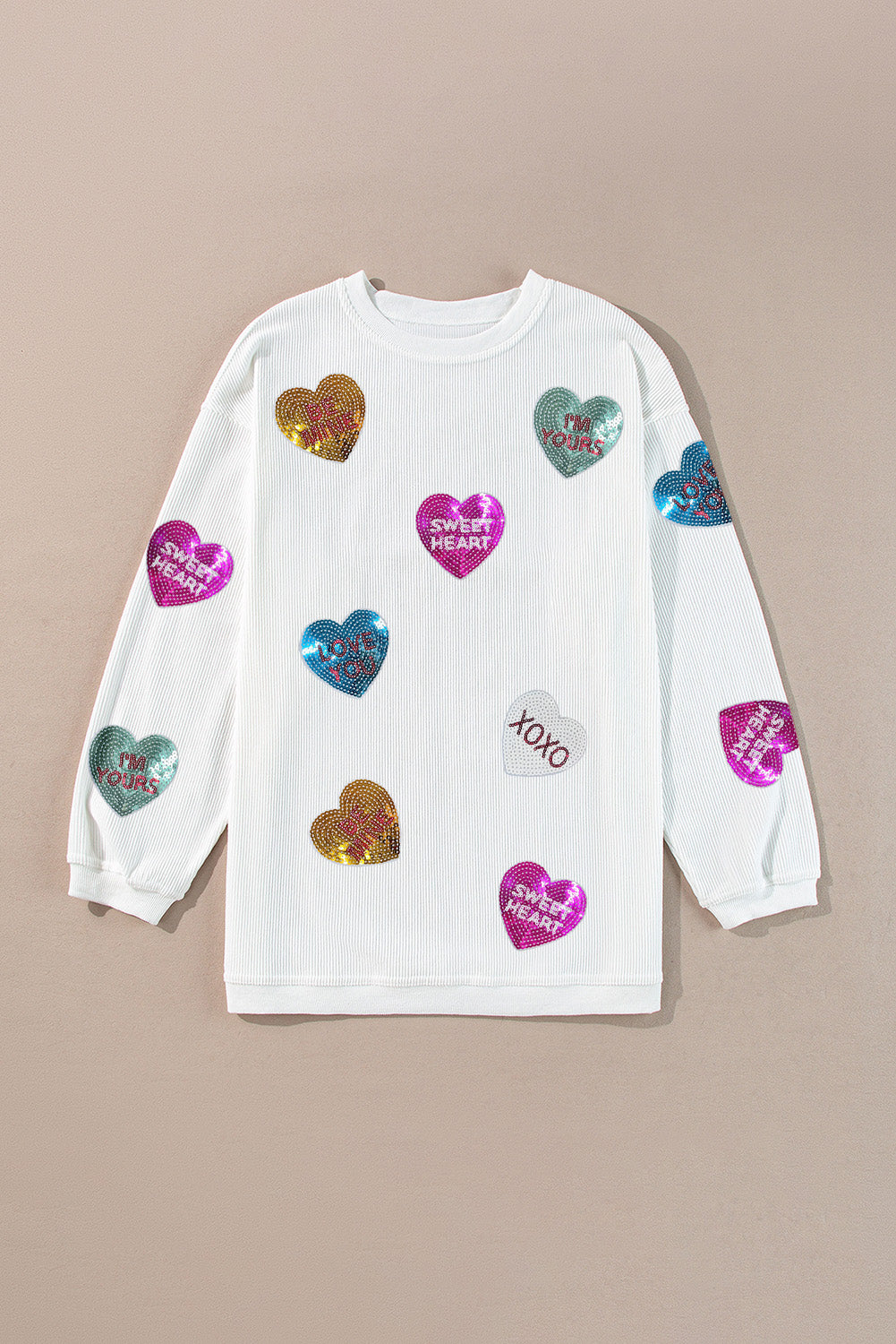 White Heart Sequin Slogan Corded Baggy Sweatshirt