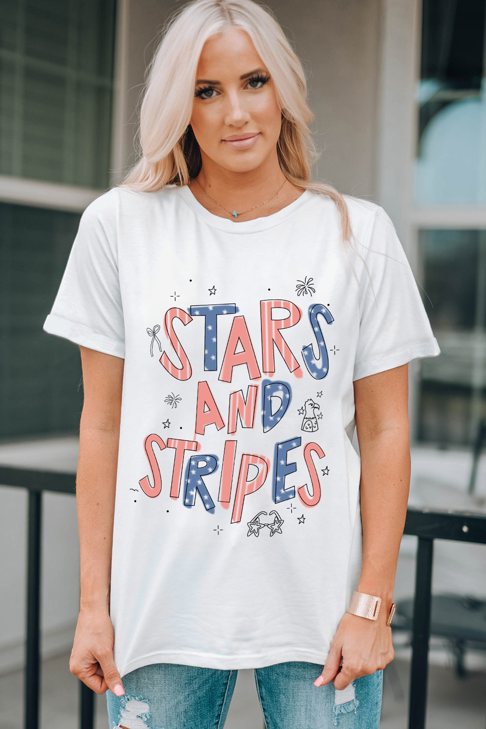 White "Stars and Stripes" Crew Neck Graphic Tee