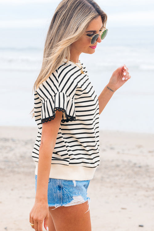 Black Stripe Scallop Lace Trim Ruffle Short Sleeve Top