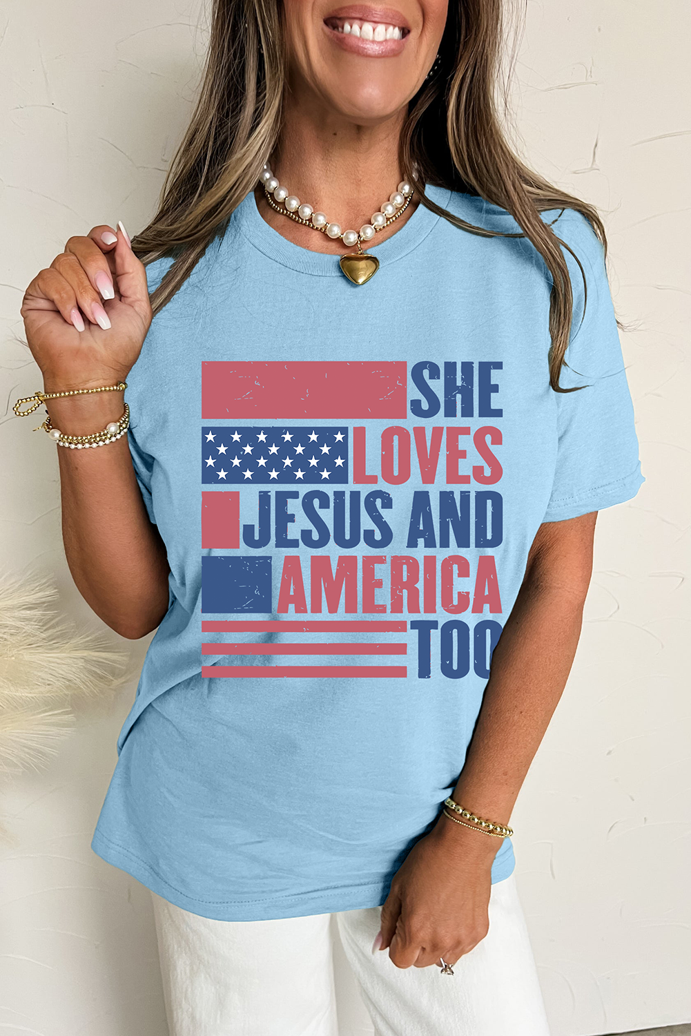 Light Blue "She Loves Jesus and America Too" Flag Graphic Tee
