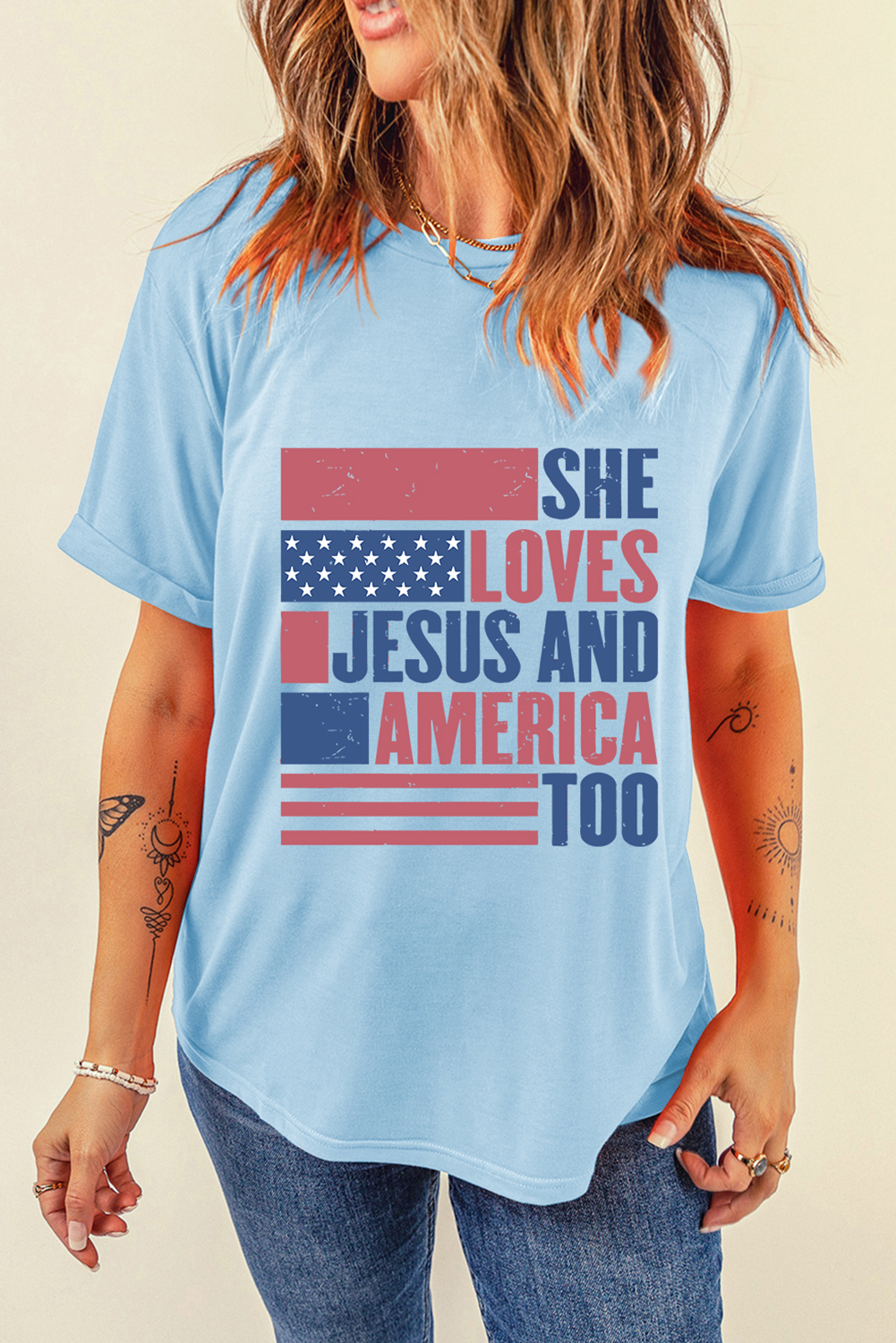 Light Blue "She Loves Jesus and America Too" Flag Graphic Tee