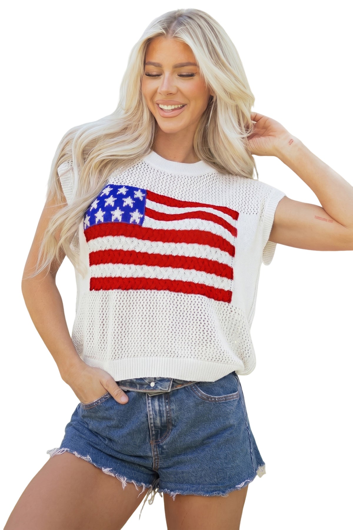Sky Blue Flag Graphic Short Sleeve Sweater Top