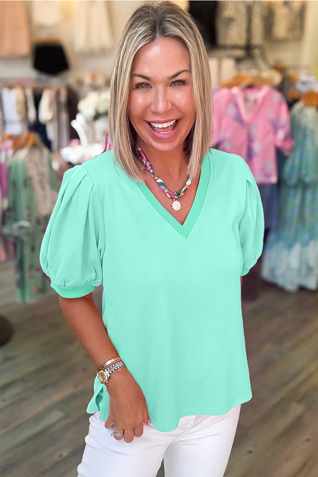 Solid Color V Neck Short Puff Sleeve Blouse