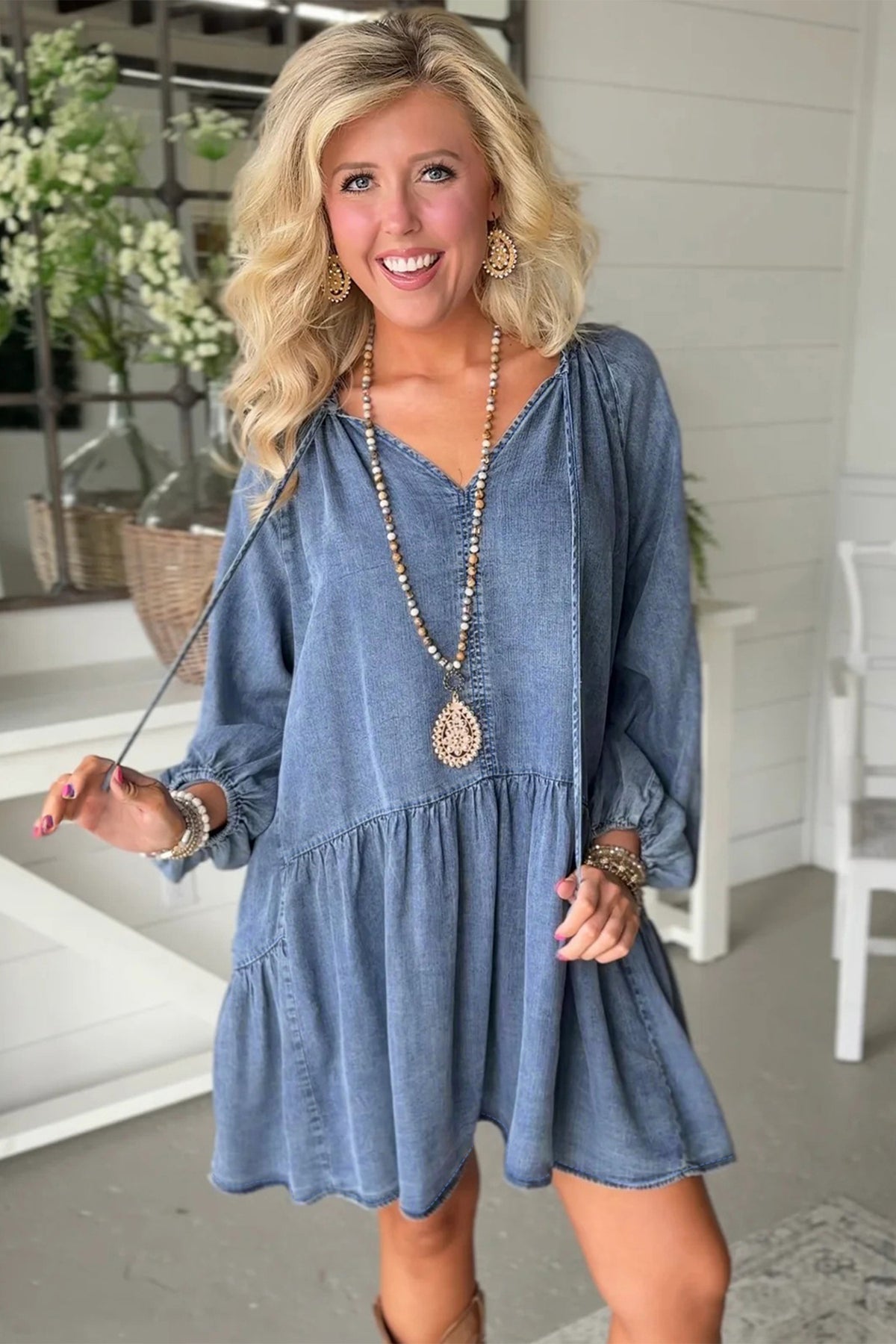 Blue Puff Sleeve V Neck Ruffled Denim Mini Dress