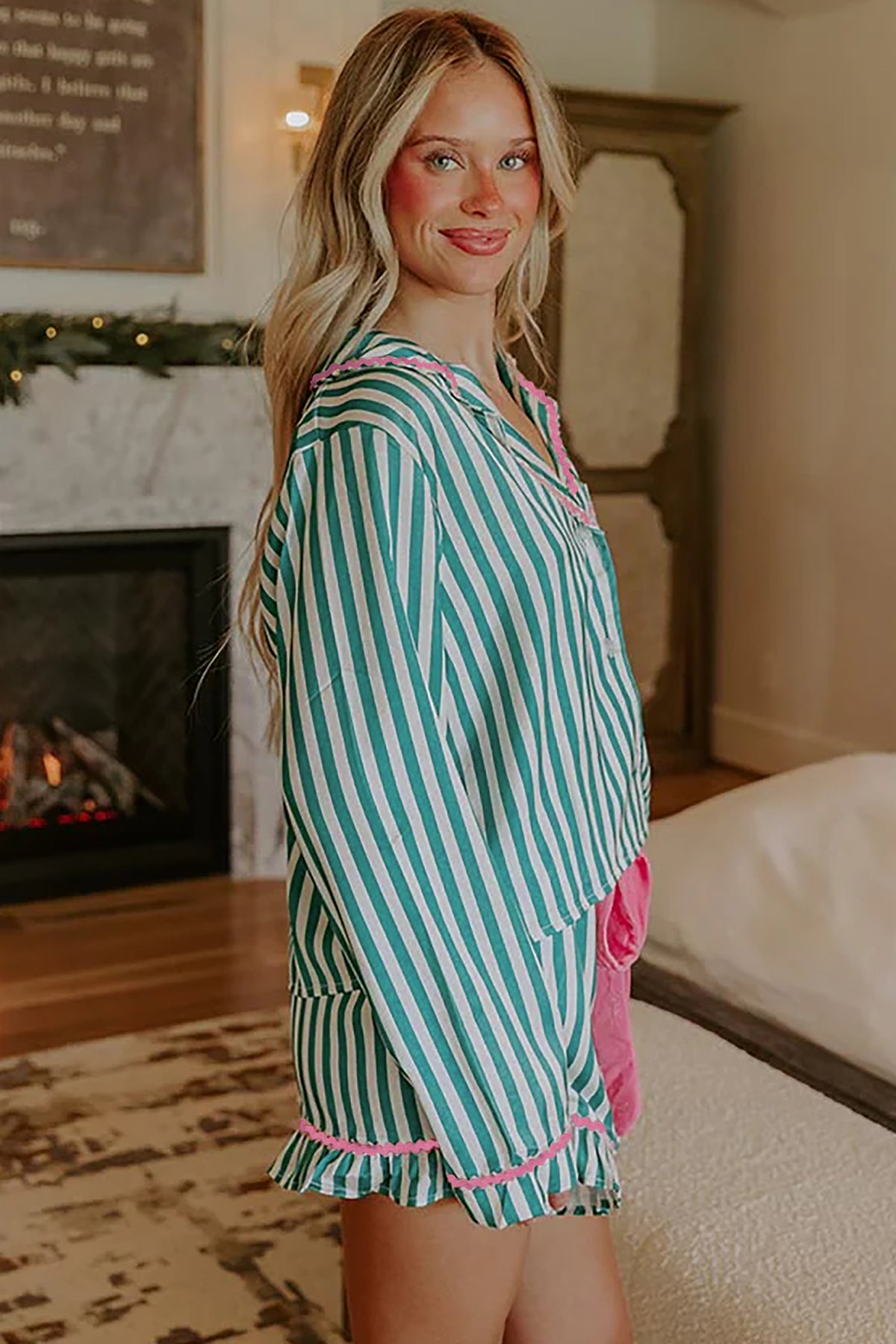 Green Stripe Ricrac Trim Long Sleeve Pajama Short Set