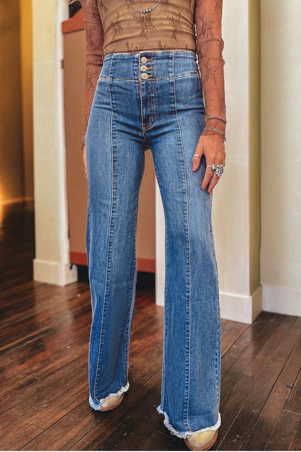 Coffee High Waist Button Fly Raw Hem Flare Jeans