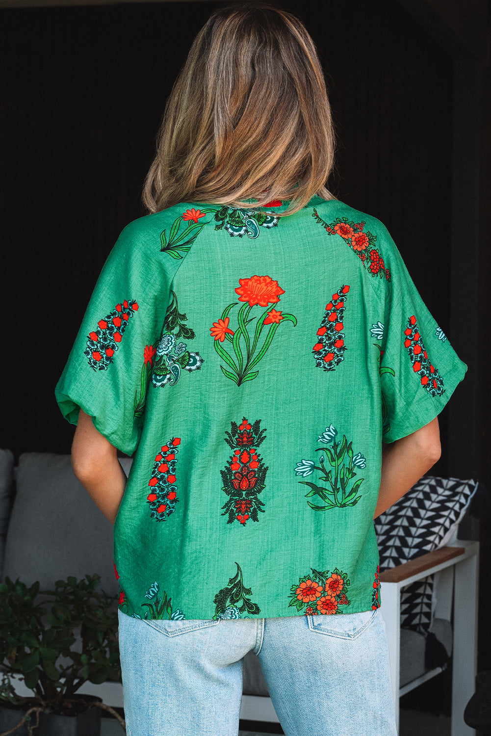 Penelope Floral Buttoned V Neck Short Sleeve Blouse-1