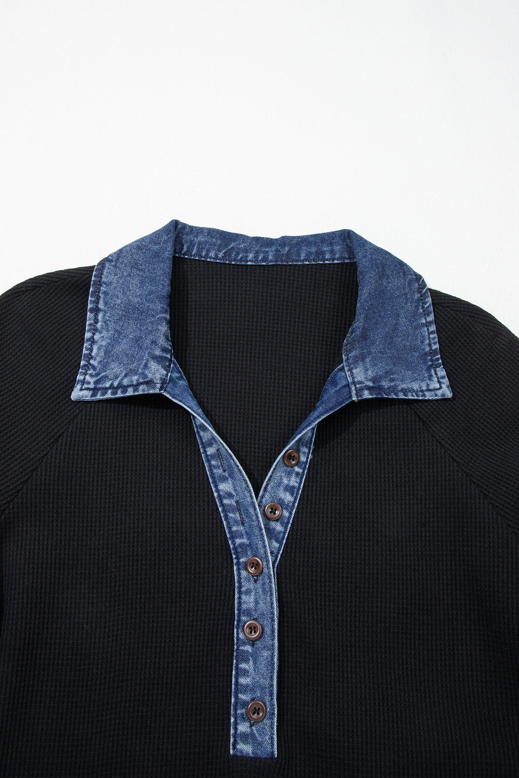 Black Waffle Knit Denim Contrast Trim Button Polo Top