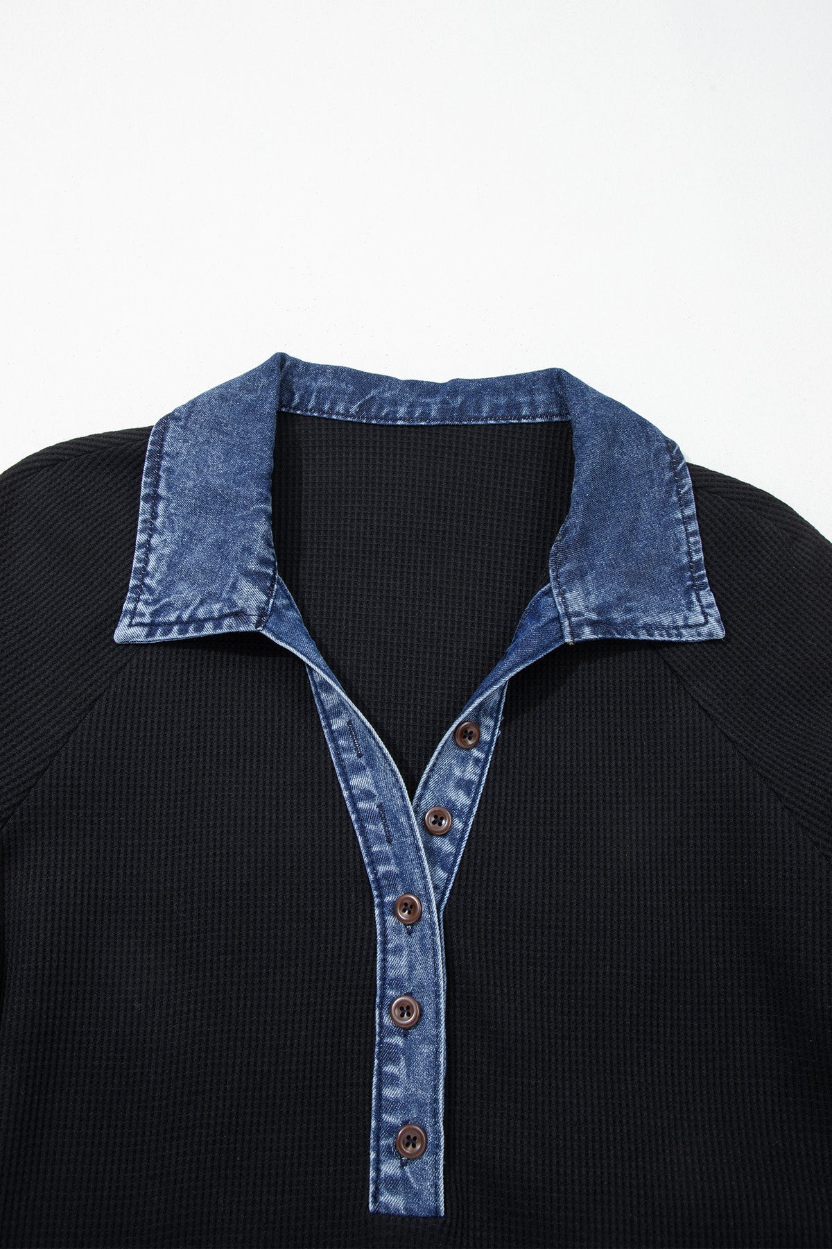 Black Waffle Knit Denim Contrast Trim Button Polo Top
