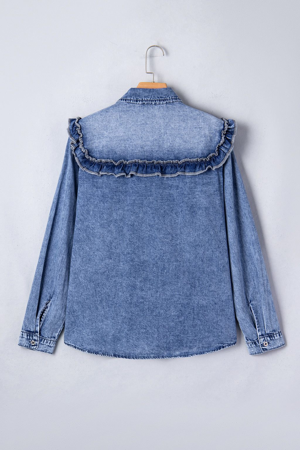 Vintage Wash Denim Ruffle Detail Button Down Shirt