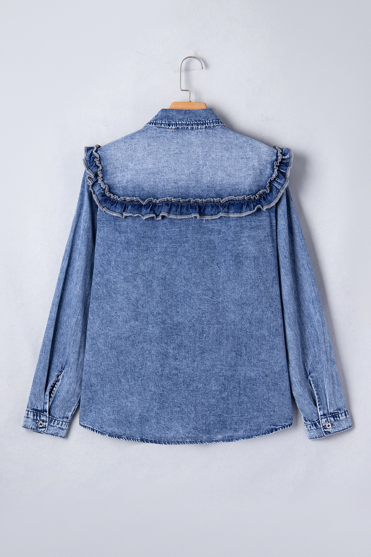 Vintage Wash Denim Ruffle Detail Button Down Shirt