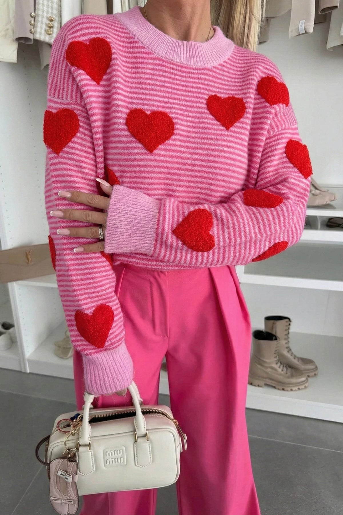 Stripe Heart Pattern Valentine Knit Sweater