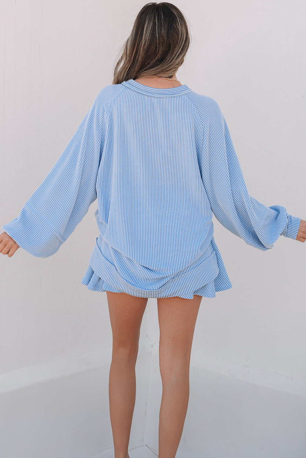 Corded Lantern Sleeve & High Waist Ruffled Mini Skort Set