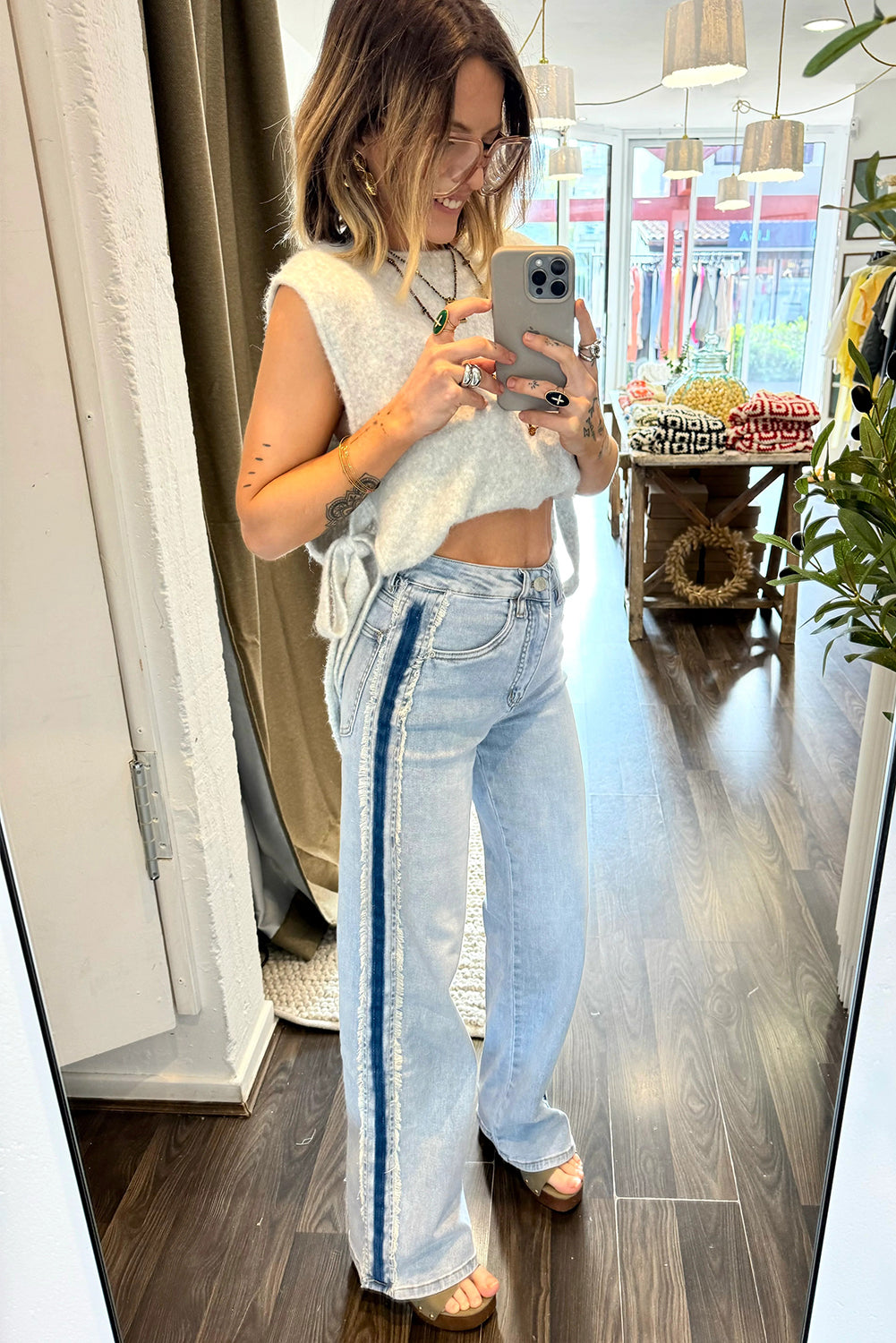 Blue Contrast Stripe Frayed Side Panel Patchwork Jeans
