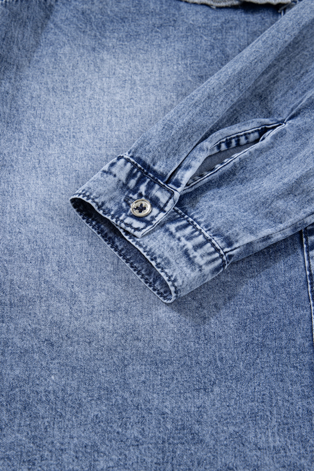 Vintage Wash Denim Ruffle Detail Button Down Shirt