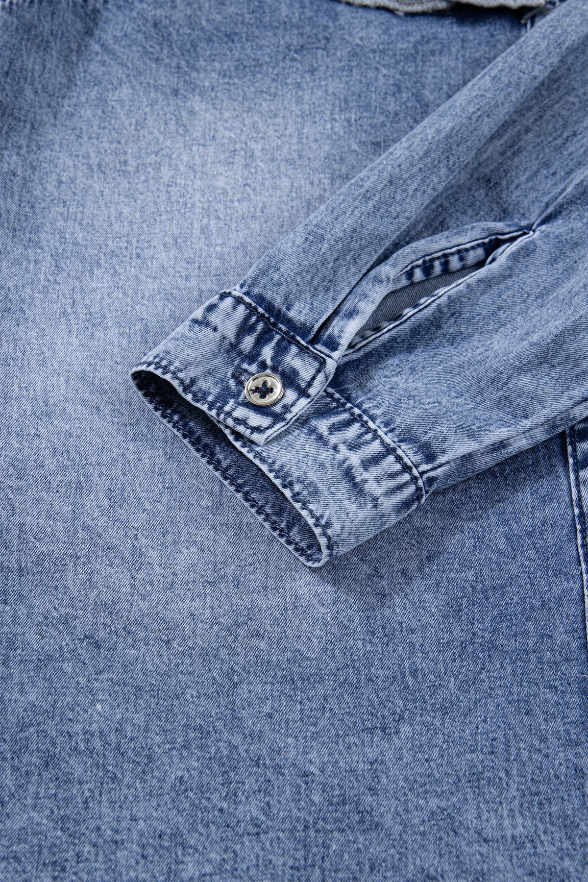 Vintage Wash Denim Ruffle Detail Button Down Shirt