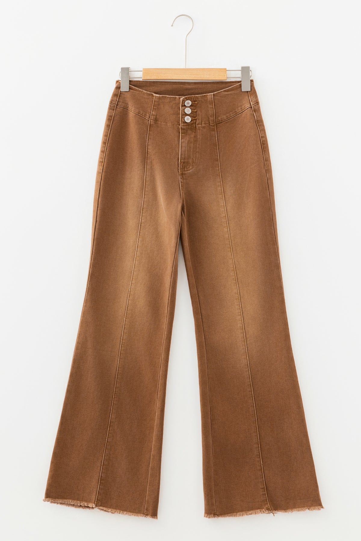 Coffee High Waist Button Fly Raw Hem Flare Jeans