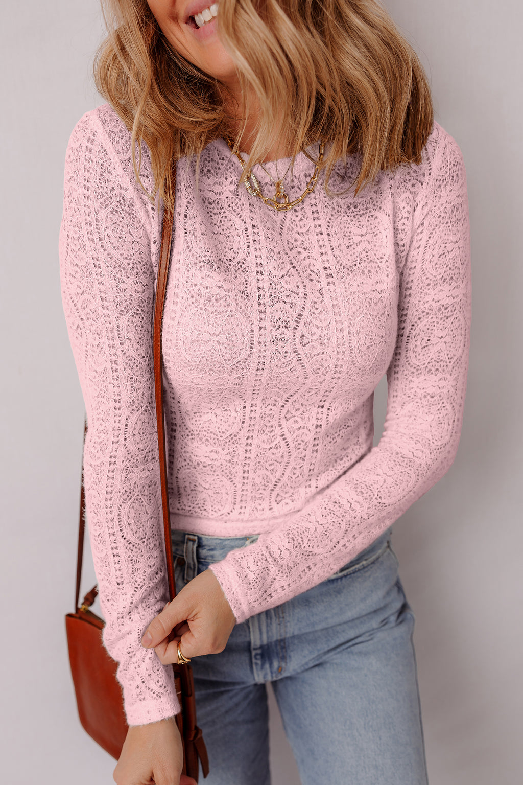 Light Pink Semi-Sheer Lace Long Sleeve Cropped Top