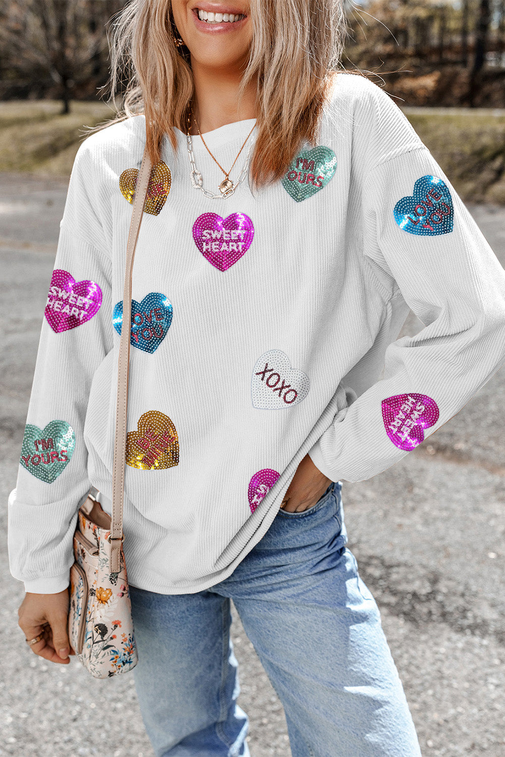 White Heart Sequin Slogan Corded Baggy Sweatshirt