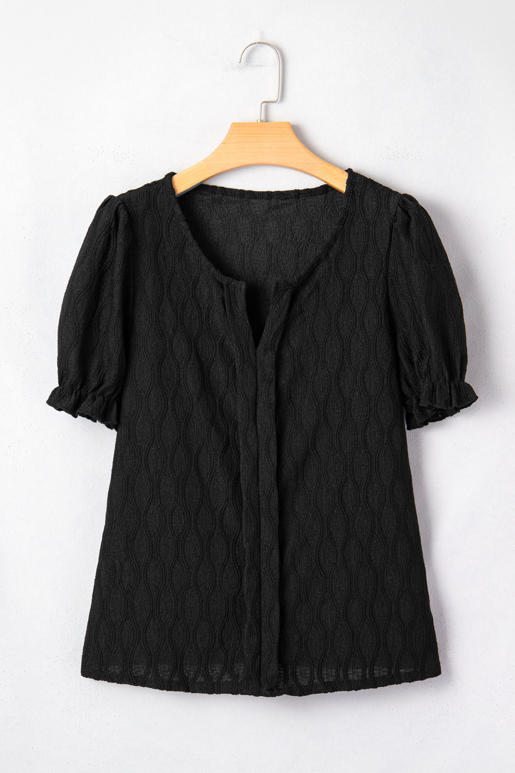 Textured Notched Neck Puff Sleeve Blouse