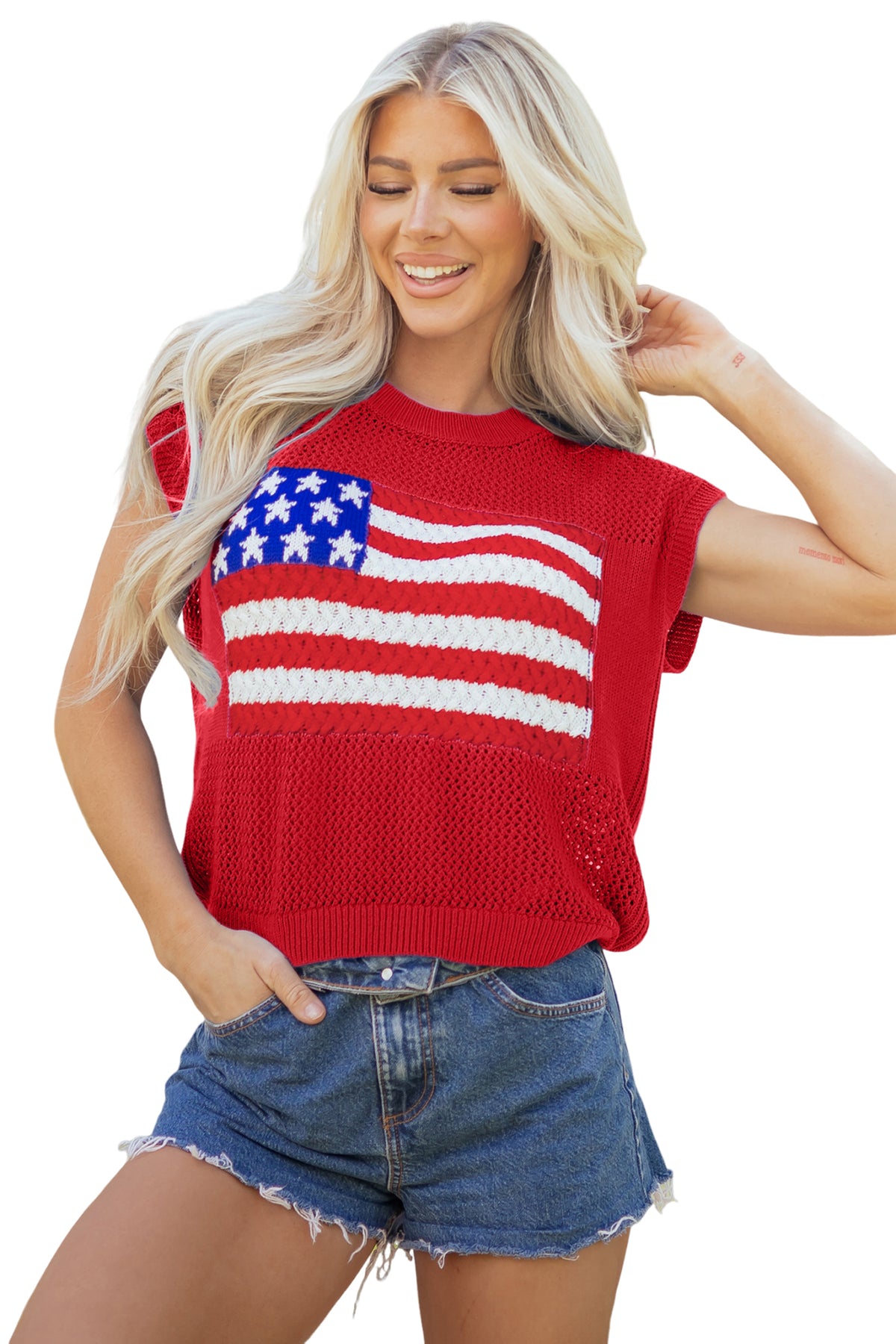 Sky Blue Flag Graphic Short Sleeve Sweater Top