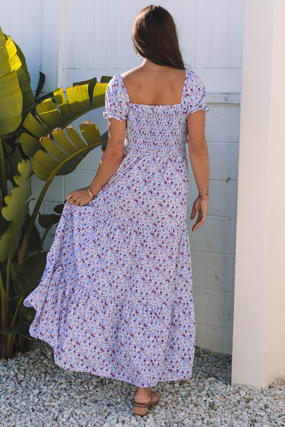 Purple Floral Bubble Sleeve Shirred High Waist Maxi Dress