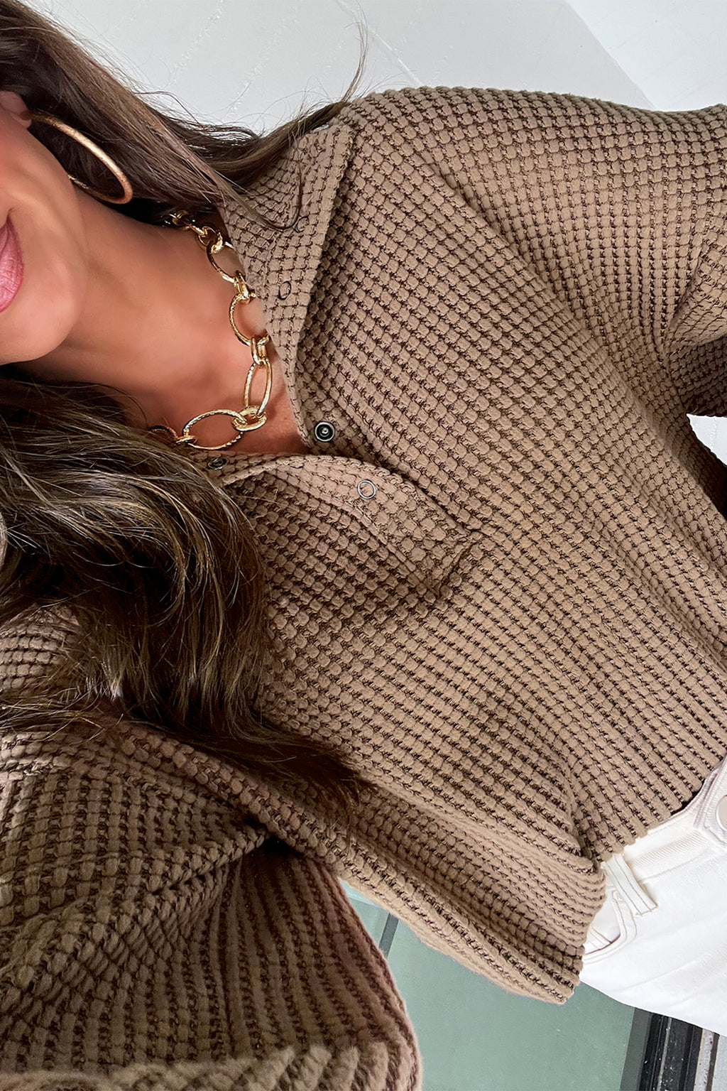 Textured Snap Button Collared Baggy Top