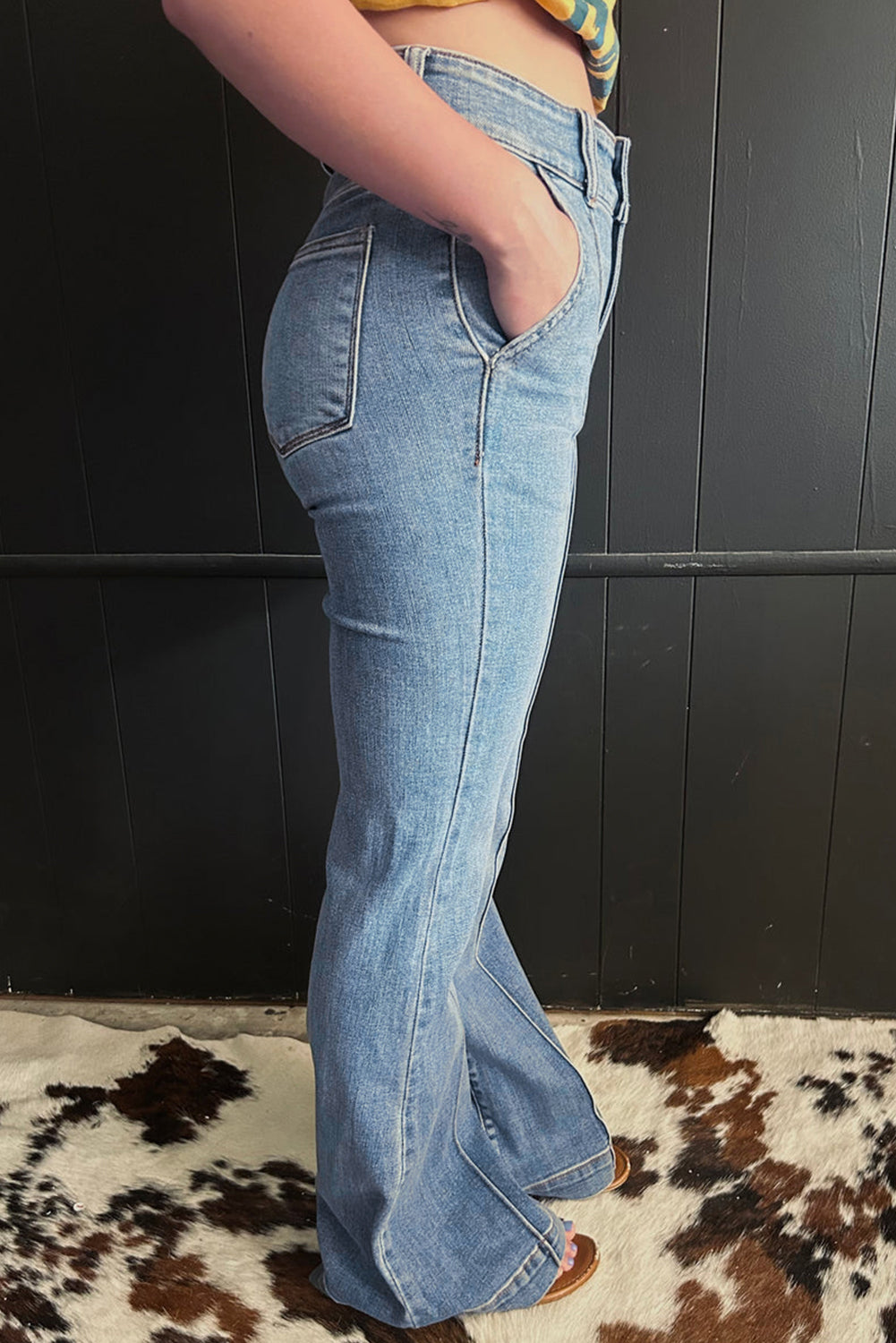 High Waist Piping Trim 2-Button Bootcut Jeans
