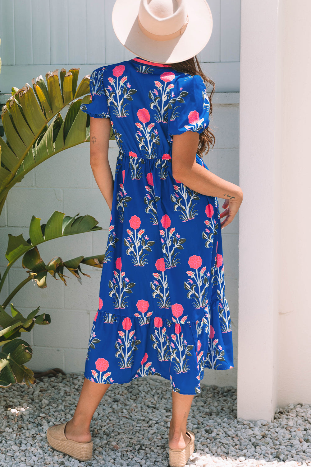 Floral Puff Sleeve V Neck High Waist Maxi Dress