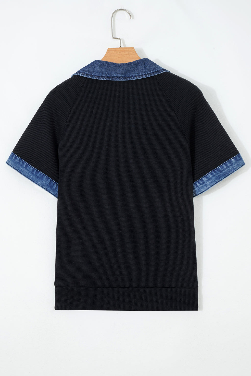 Black Waffle Knit Denim Contrast Trim Button Polo Top