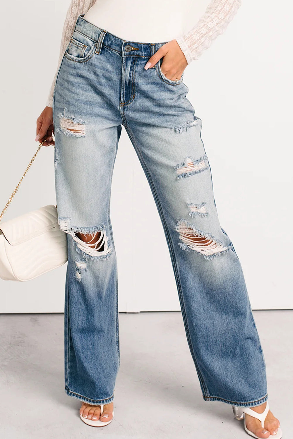 Mid Rise Distressed Straight Leg Jeans