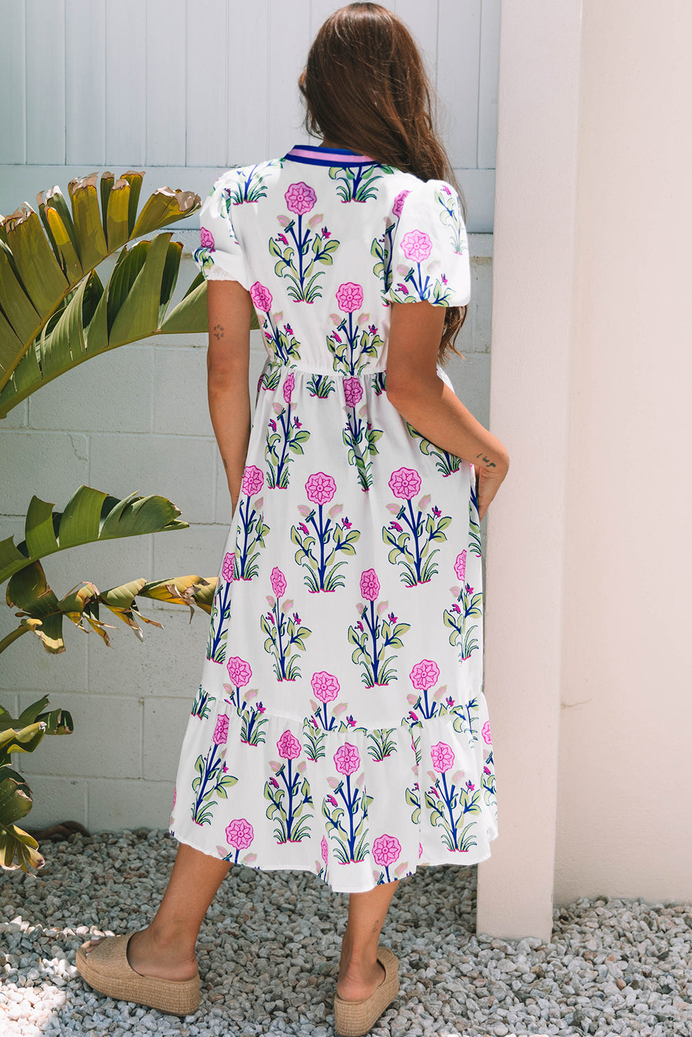 Floral Puff Sleeve V Neck High Waist Maxi Dress