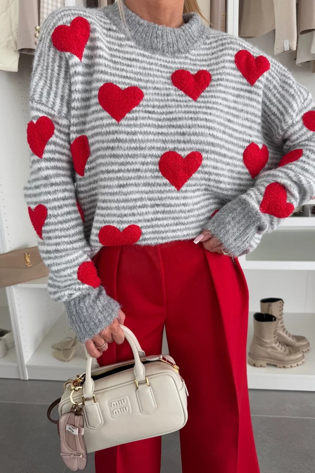 Stripe Heart Pattern Valentine Knit Sweater