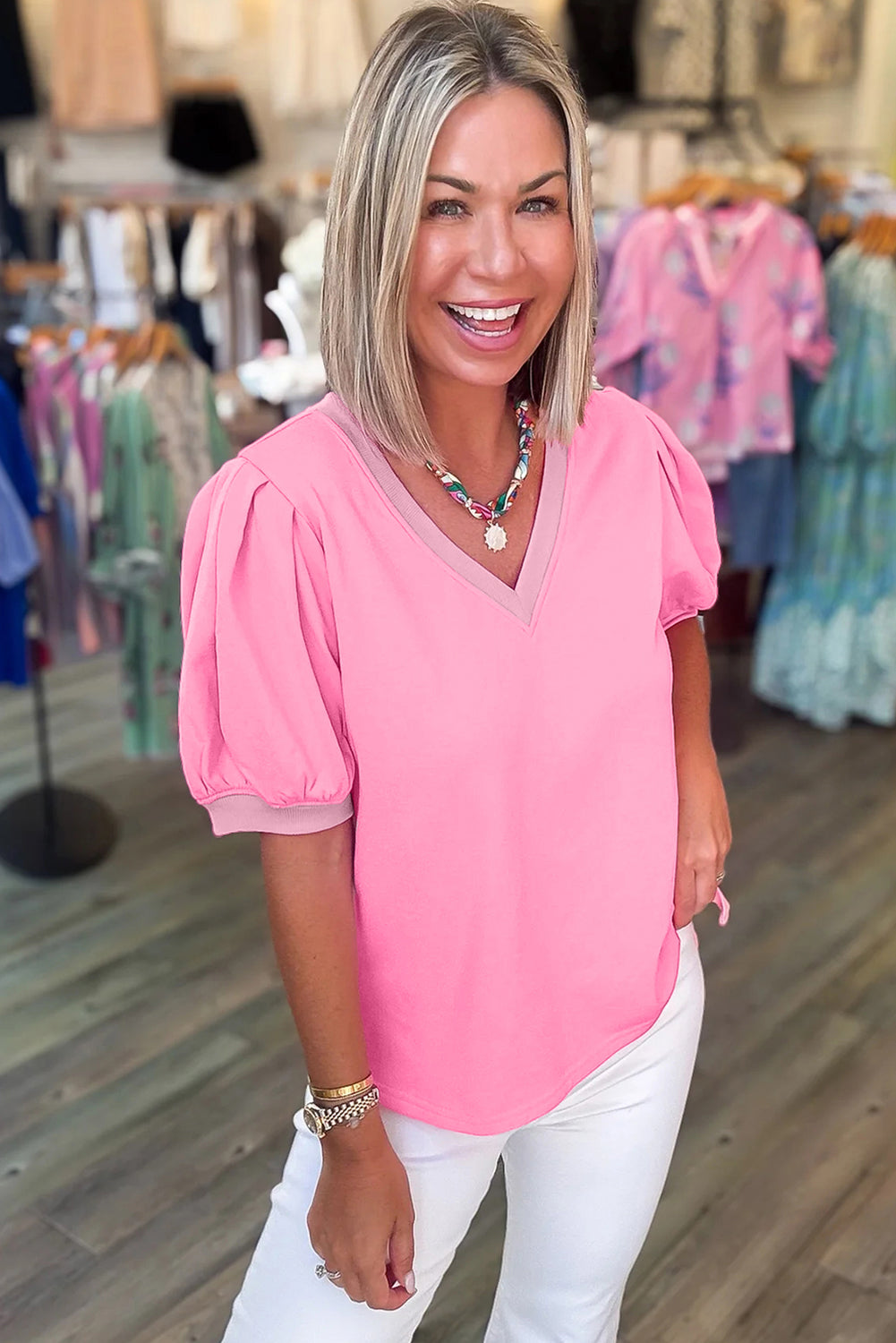 Solid Color V Neck Short Puff Sleeve Blouse