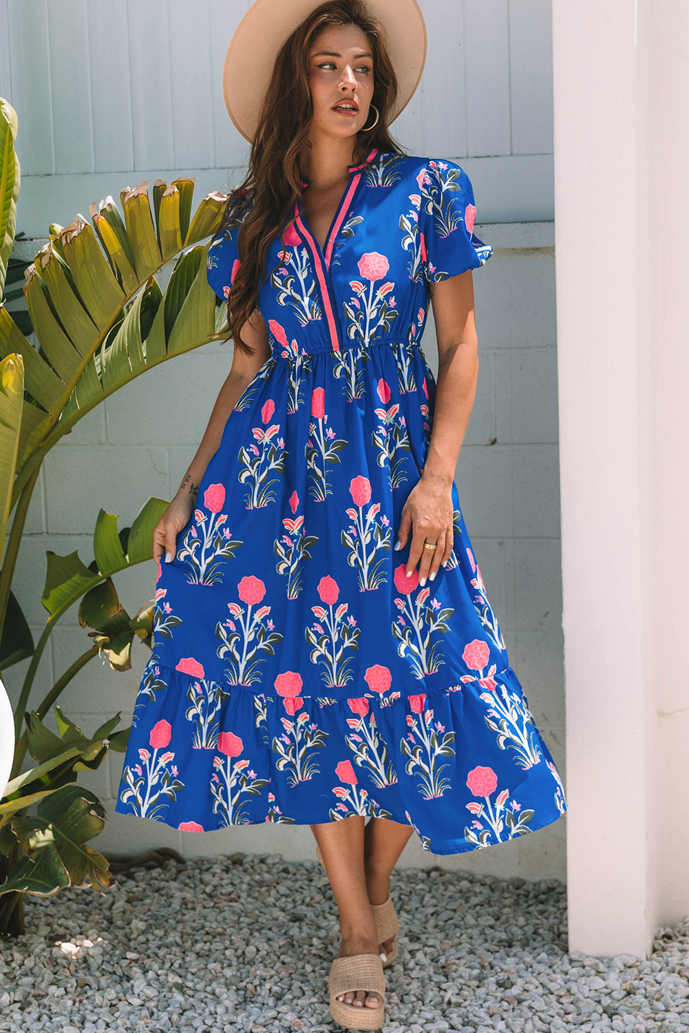 Floral Puff Sleeve V Neck High Waist Maxi Dress