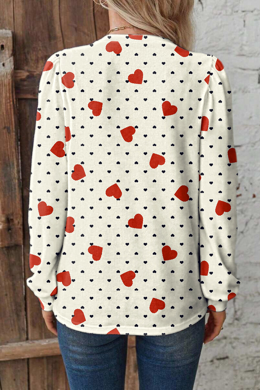 Beige Flower Heart Print Valentine Blouse