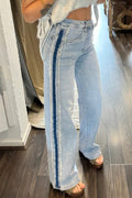Blue Contrast Stripe Frayed Side Panel Patchwork Jeans