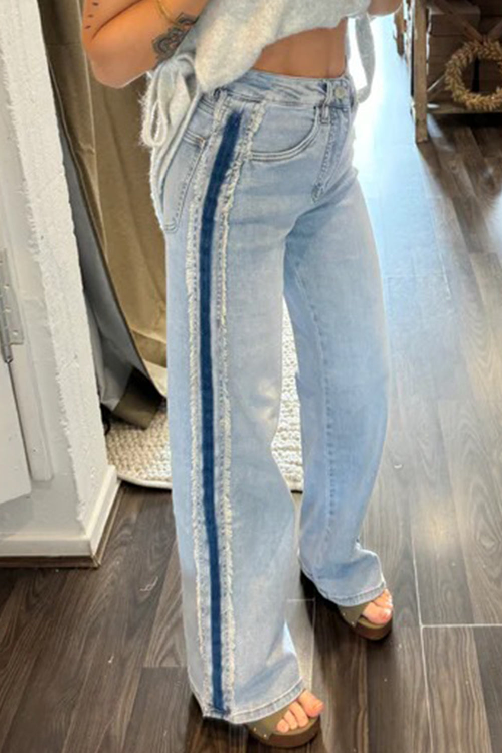 Blue Contrast Stripe Frayed Side Panel Patchwork Jeans