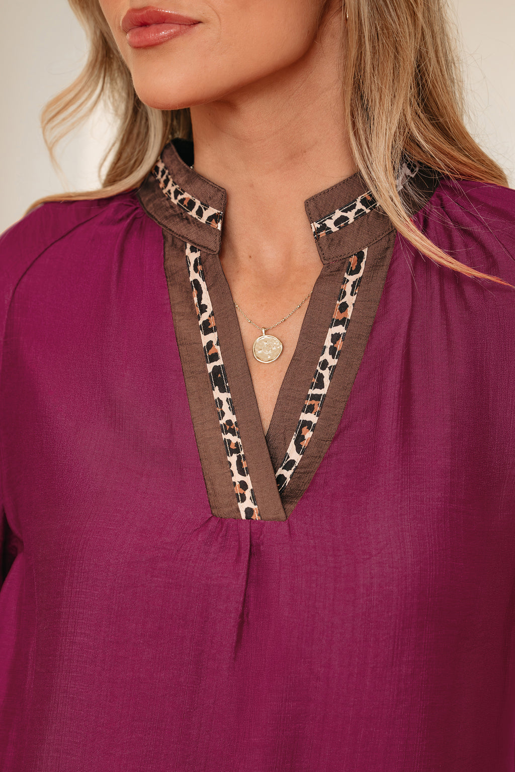 Violet Leopard Trim V Neck Flounced Sleeve Blouse