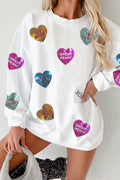 White Heart Sequin Slogan Corded Baggy Sweatshirt