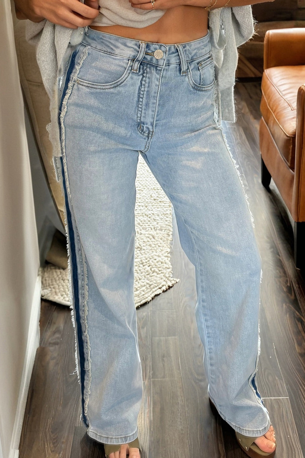 Blue Contrast Stripe Frayed Side Panel Patchwork Jeans