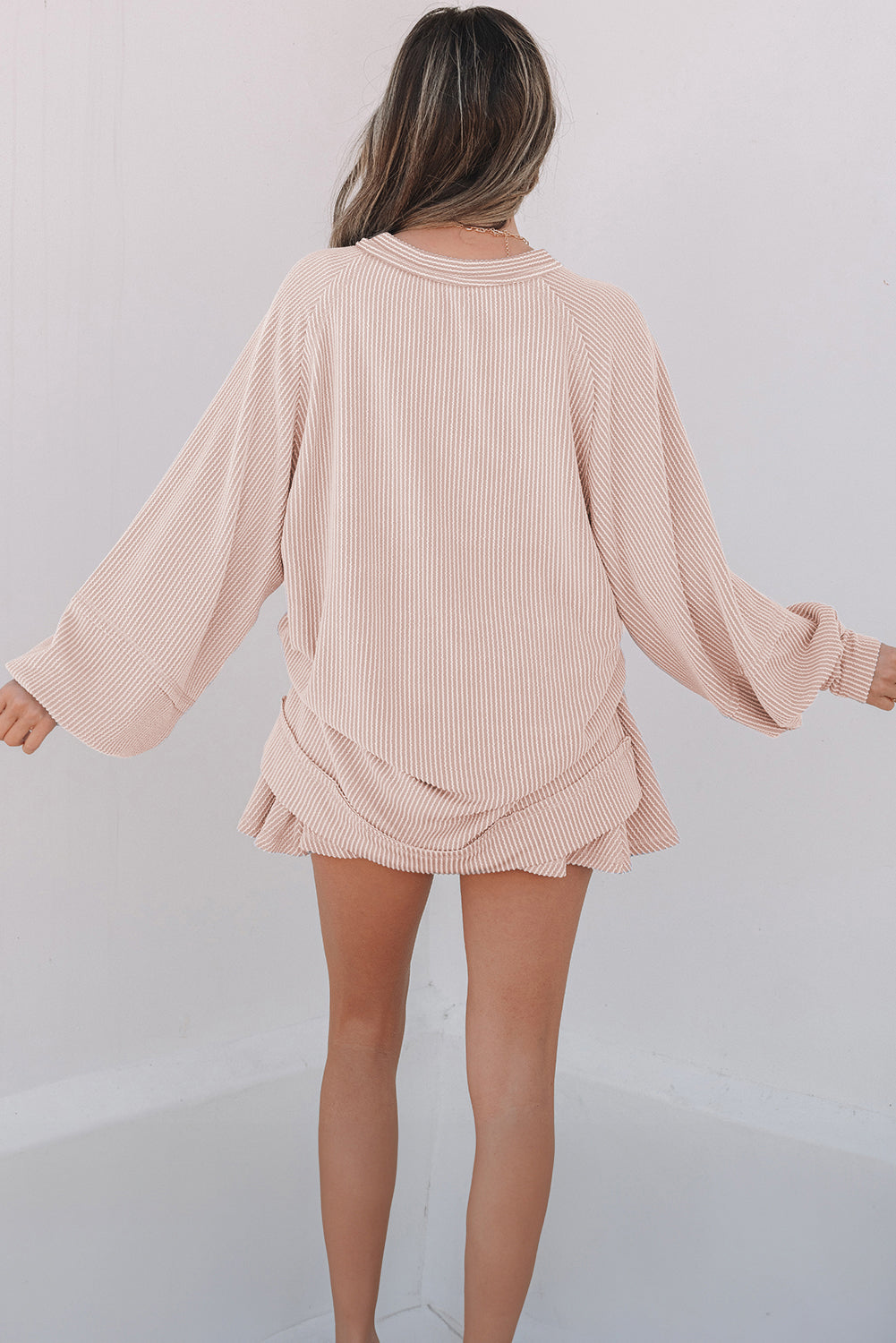 Corded Lantern Sleeve & High Waist Ruffled Mini Skort Set