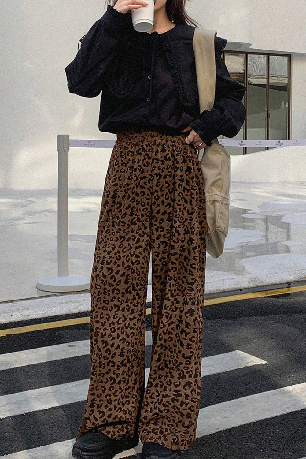 Dark Brown Leopard Print High Waist Loose Corduroy Pants