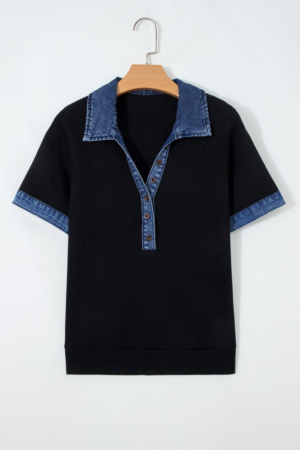 Black Waffle Knit Denim Contrast Trim Button Polo Top
