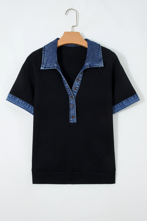 Black Waffle Knit Denim Contrast Trim Button Polo Top