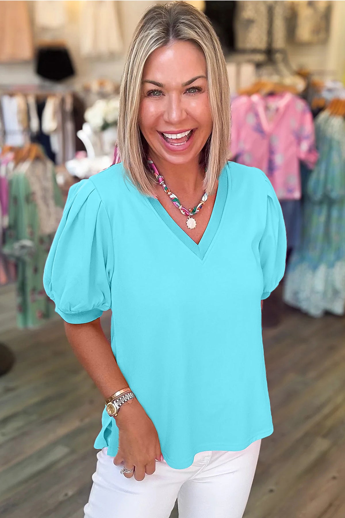 Solid Color V Neck Short Puff Sleeve Blouse