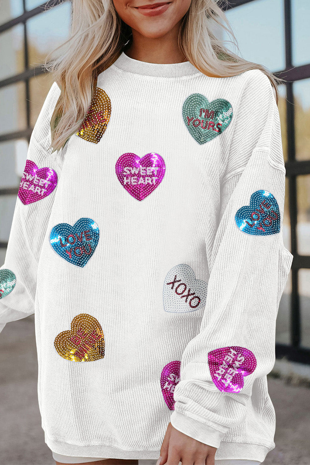 White Heart Sequin Slogan Corded Baggy Sweatshirt