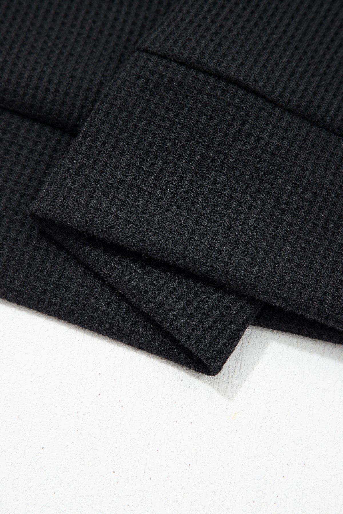 Black Waffle Knit Denim Contrast Trim Button Polo Top