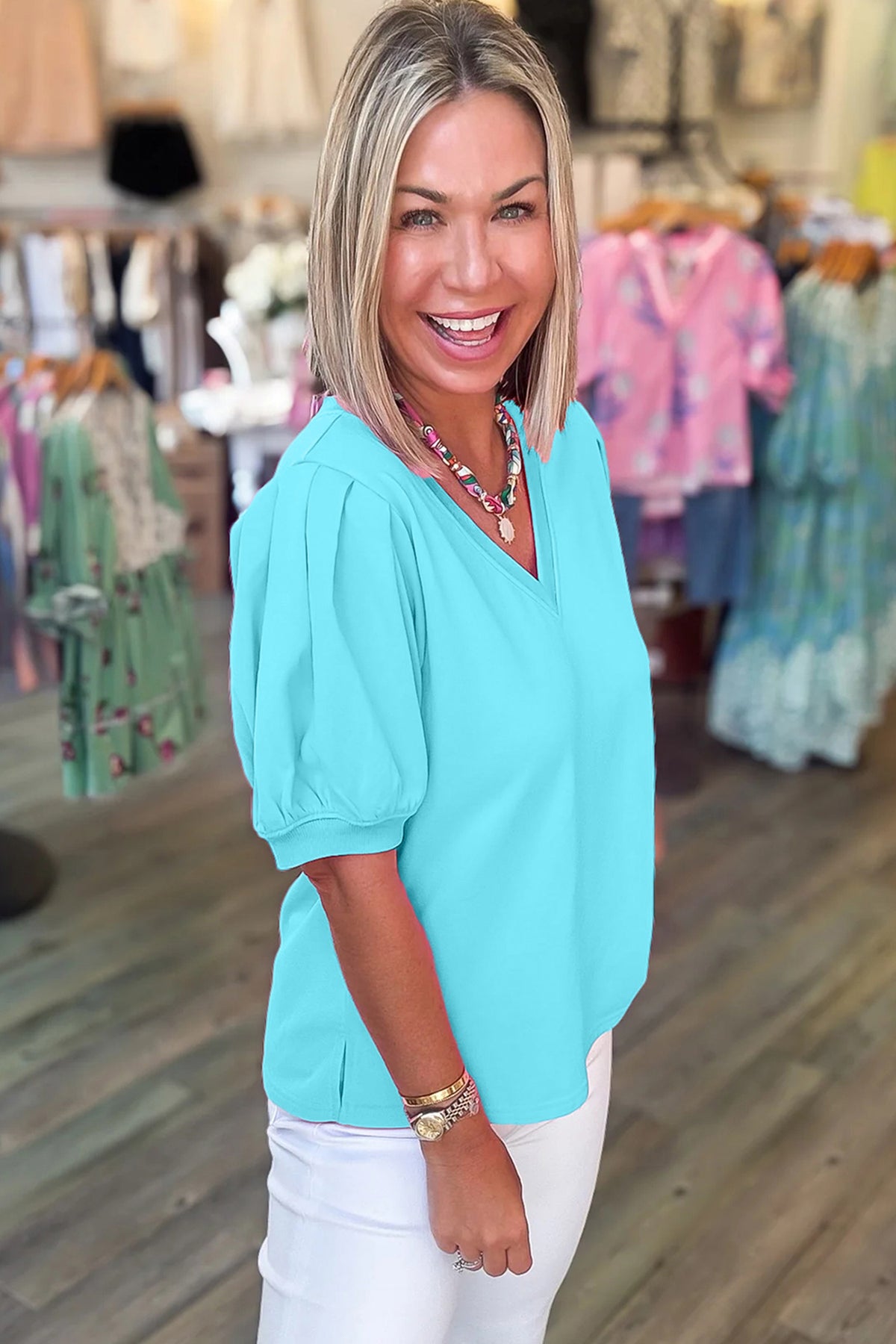 Solid Color V Neck Short Puff Sleeve Blouse