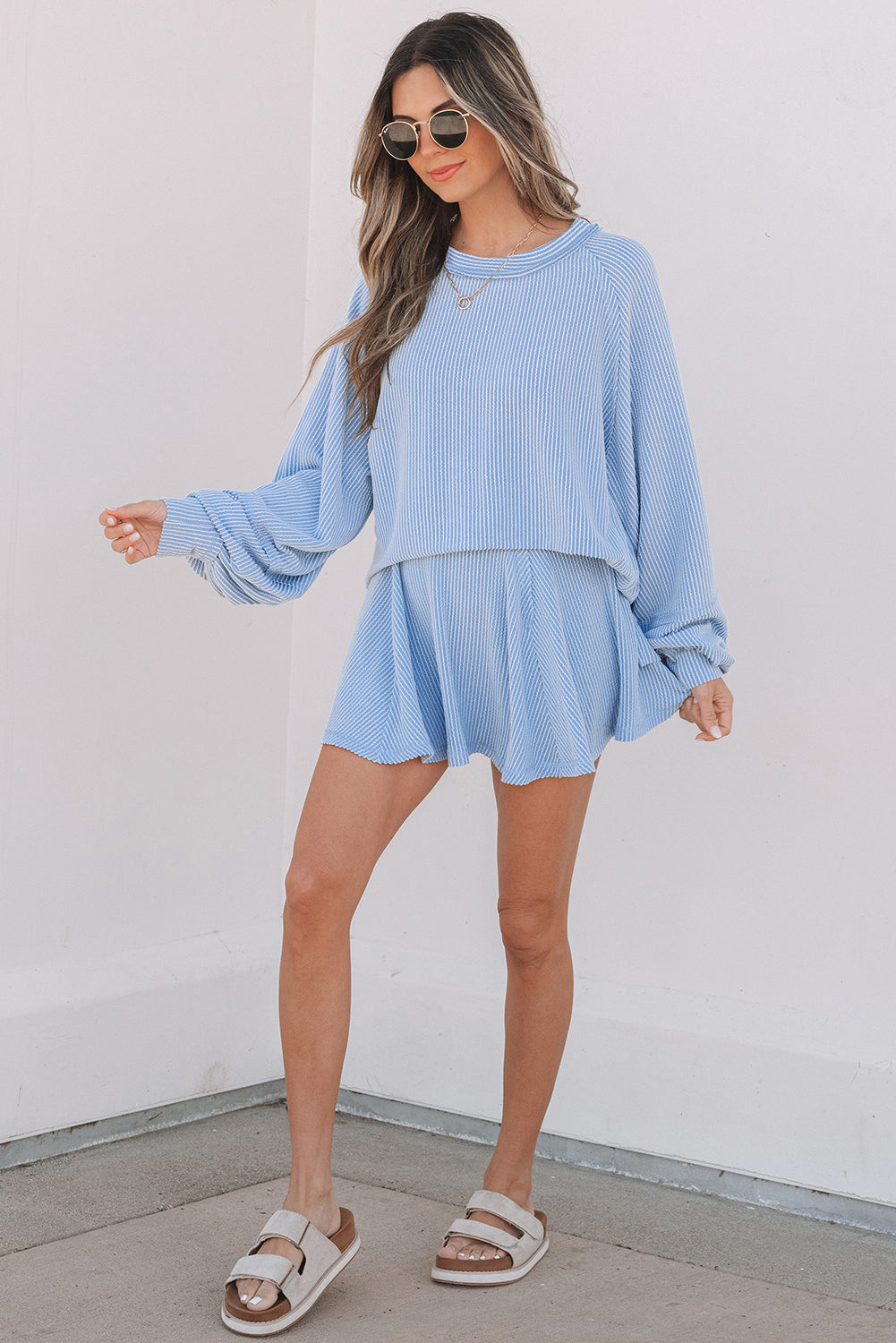 Corded Lantern Sleeve & High Waist Ruffled Mini Skort Set